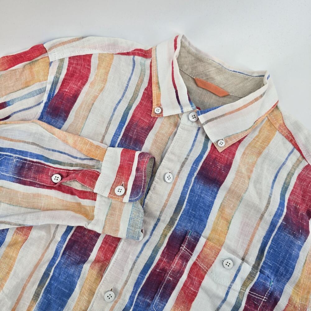 Tommy Bahama Mens Med 100% Linen Multi Color‎ Watercolor Stripe Bttn Down Shirt